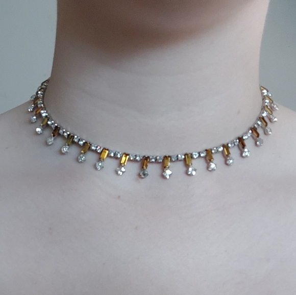Vintage Choker Necklace with Diamantes and Yellow Stones - Costume Jewelry - Picture 4 of 6